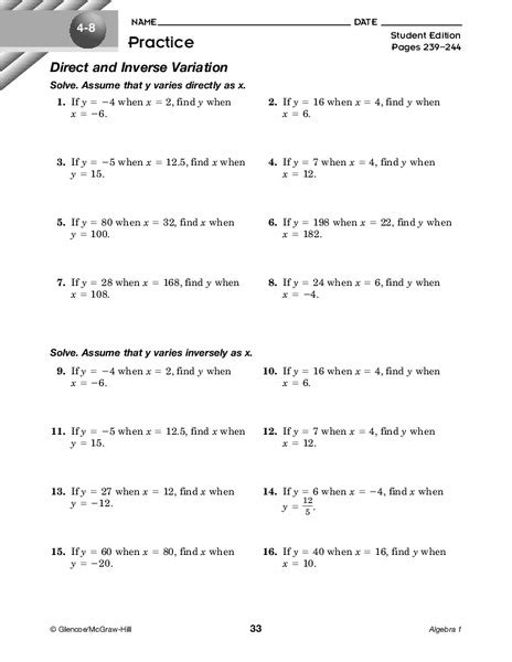 grade 9 direct variation worksheet answers